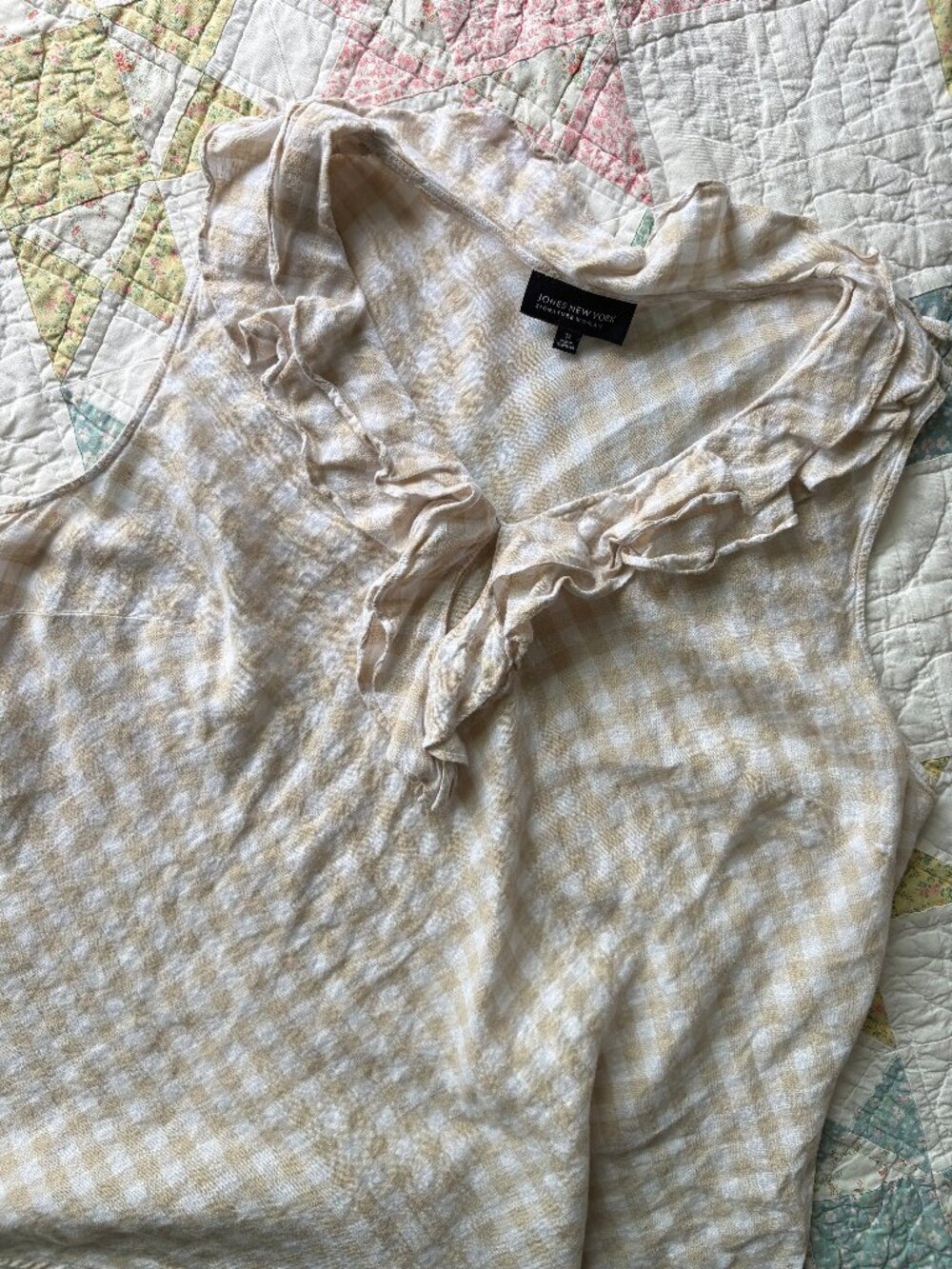 100% Linen Gingham Check Tank Top Blouse 3X Plus Size Beige Cream Ruffle